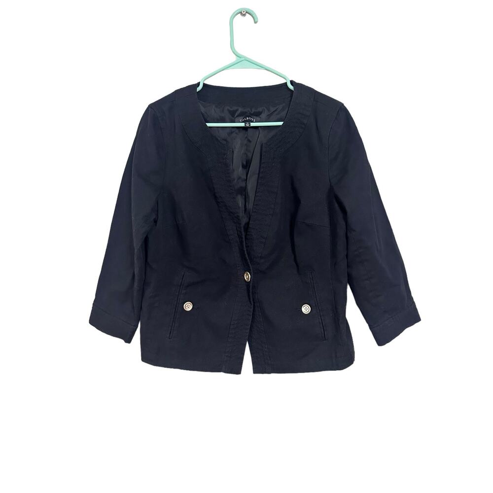 Talbots Black One Button 3/4 Sleeve Blazer Size 14 Cotton Spandex Blend